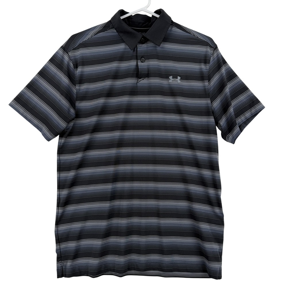 Under Armour Polo‎ Shirt Mens Medium Black Striped HeatGear Golf Performance Top